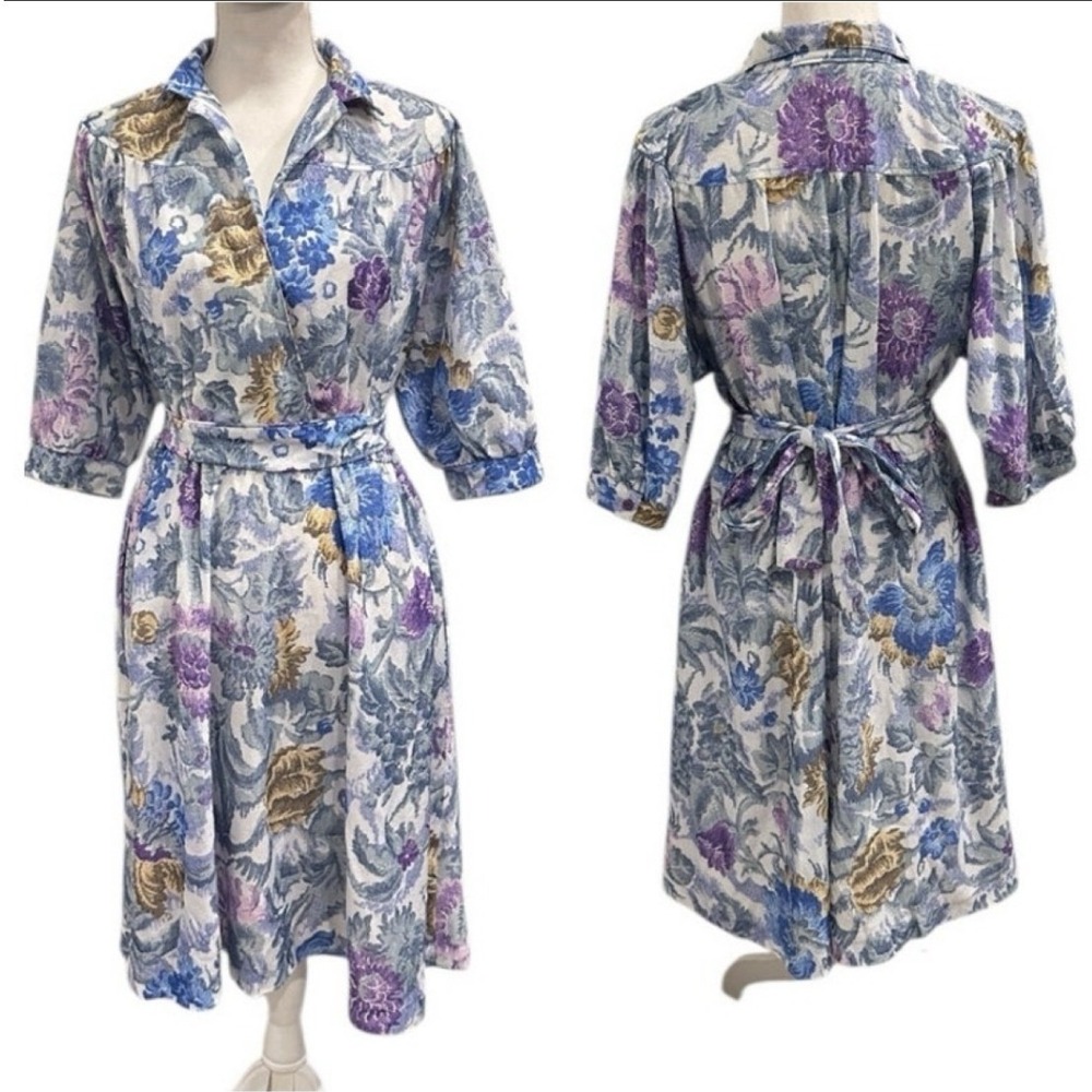VTG 80s California Looks‎ Floral Faux Wrap Dress Blue Purple Gold Midi Cottage M